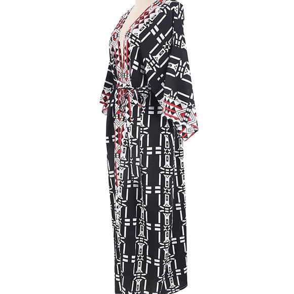 Aztec black/white print chiffon kimono robe beach cover up with adjustable sash - Picture 6 of 9